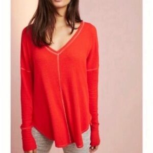 Anthropologie Waffle Knit Sun Blaze Orange oversized v neck pull over slouchy